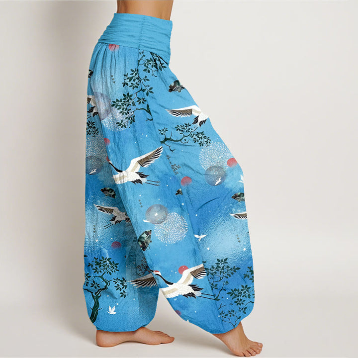 Buddha Stones Pantaloni harem da donna con elastico in vita, in cotone, tradizionali, con gru, pino, uccello, ventaglio, sole - image 10