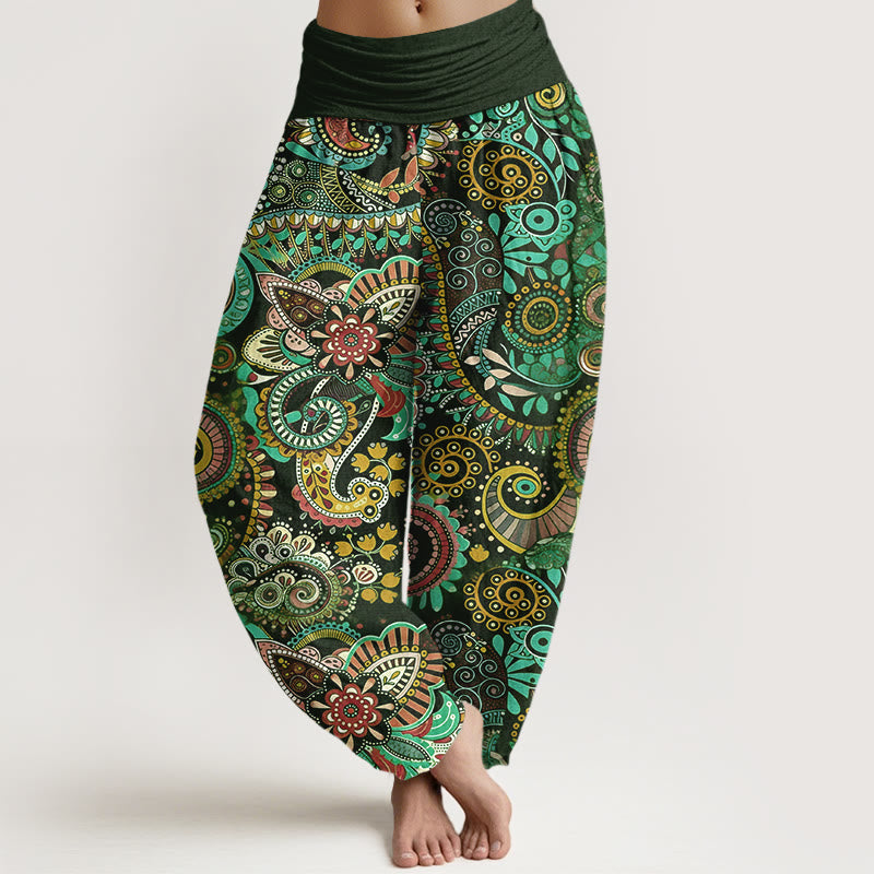 Buddha Stones Pantaloni harem da donna con elastico in vita e motivo tradizionale Paisley in cotone - Verde scuro - US16, UK/AU20, EU48 (3XL) - image 5