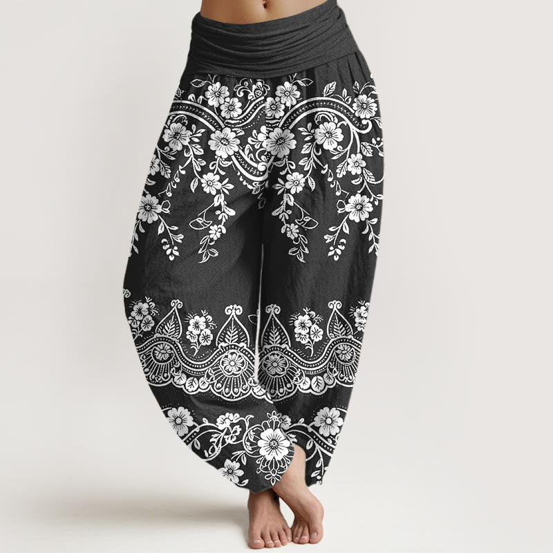 Buddha Stones Pantaloni harem da donna in cotone con elastico in vita e motivo tradizionale a foglie di vite e fiori - Nero - US16, UK/AU20, EU48 (3XL) - image 0