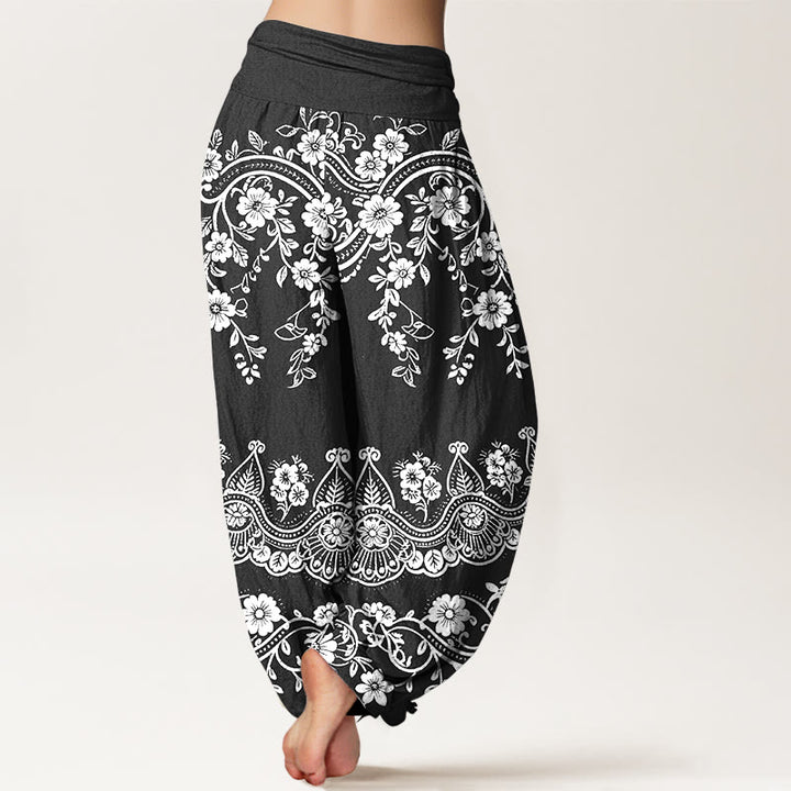 Buddha Stones Pantaloni harem da donna in cotone con elastico in vita e motivo tradizionale a foglie di vite e fiori - image 1