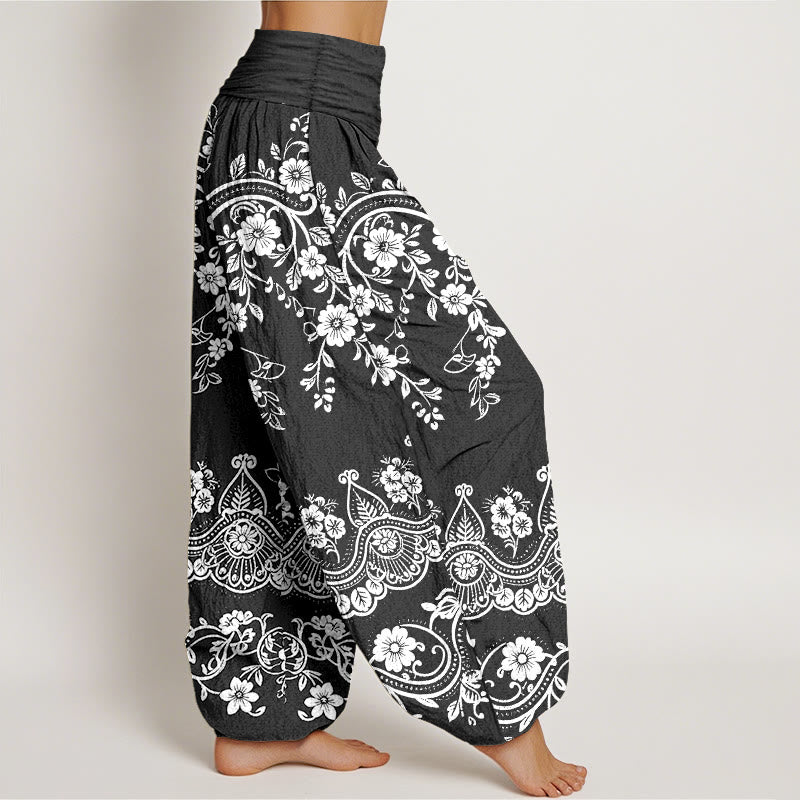 Buddha Stones Pantaloni harem da donna in cotone con elastico in vita e motivo tradizionale a foglie di vite e fiori - image 2