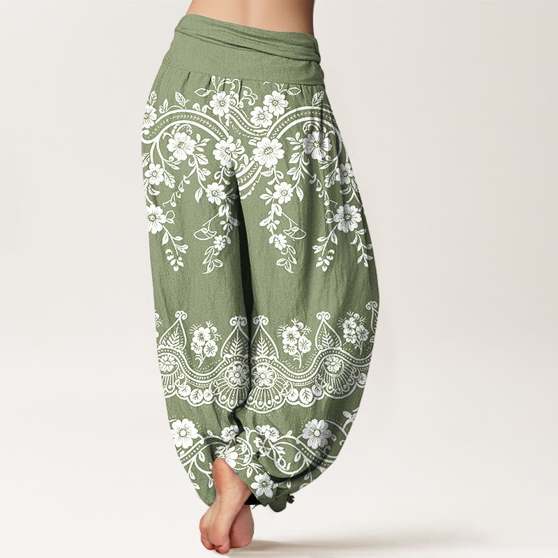 Buddha Stones Pantaloni harem da donna in cotone con elastico in vita e motivo tradizionale a foglie di vite e fiori - image 6