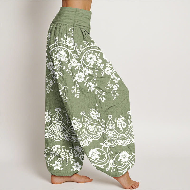 Buddha Stones Pantaloni harem da donna in cotone con elastico in vita e motivo tradizionale a foglie di vite e fiori - image 7