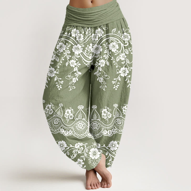Buddha Stones Pantaloni harem da donna in cotone con elastico in vita e motivo tradizionale a foglie di vite e fiori - Verde Mare Scuro - US16, UK/AU20, EU48 (3XL) - image 5