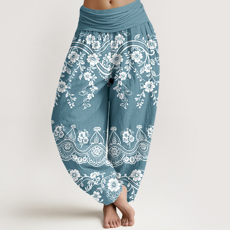 Buddha Stones Pantaloni harem da donna in cotone con elastico in vita e motivo tradizionale a foglie di vite e fiori - Cielo Blu - US16, UK/AU20, EU48 (3XL) - image 8