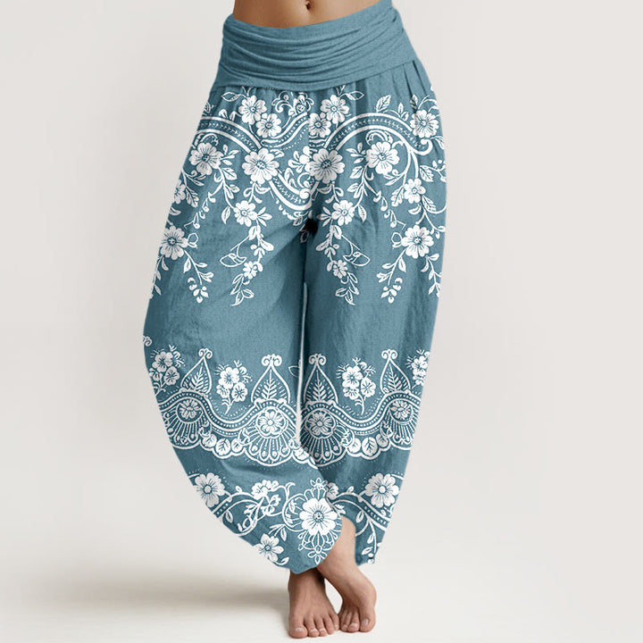 Buddha Stones Pantaloni harem da donna in cotone con elastico in vita e motivo tradizionale a foglie di vite e fiori - Cielo Blu - US16, UK/AU20, EU48 (3XL) - image 8