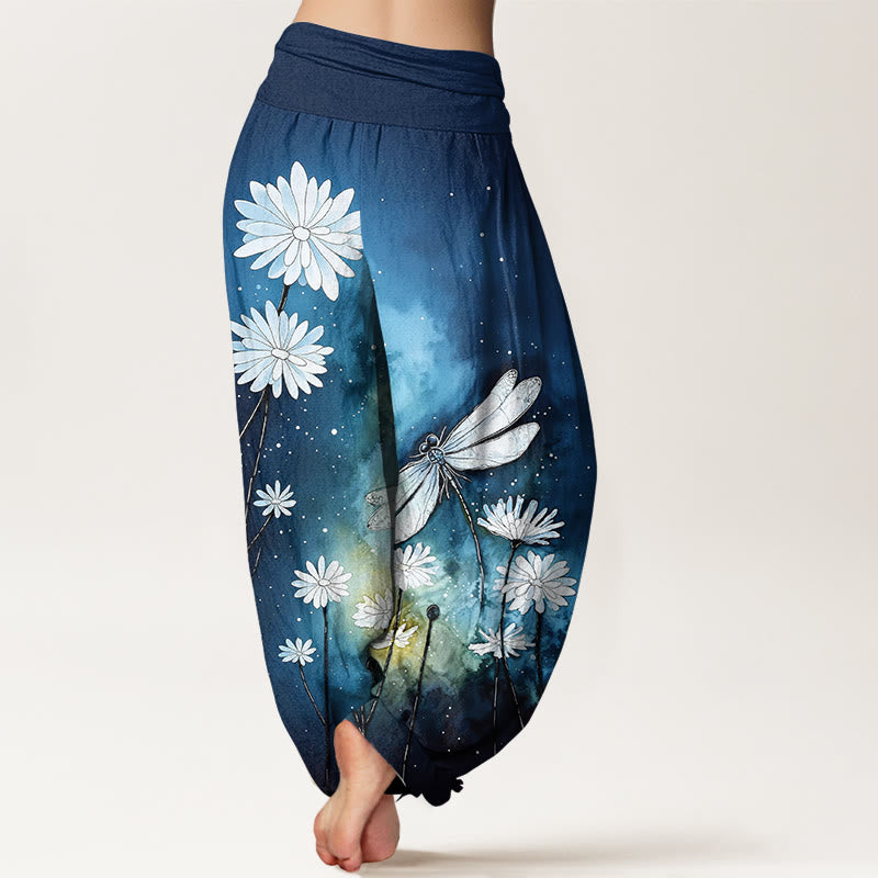 Buddha Stones Pantaloni harem da donna in cotone con elastico in vita e motivo a margherita e libellula - image 1