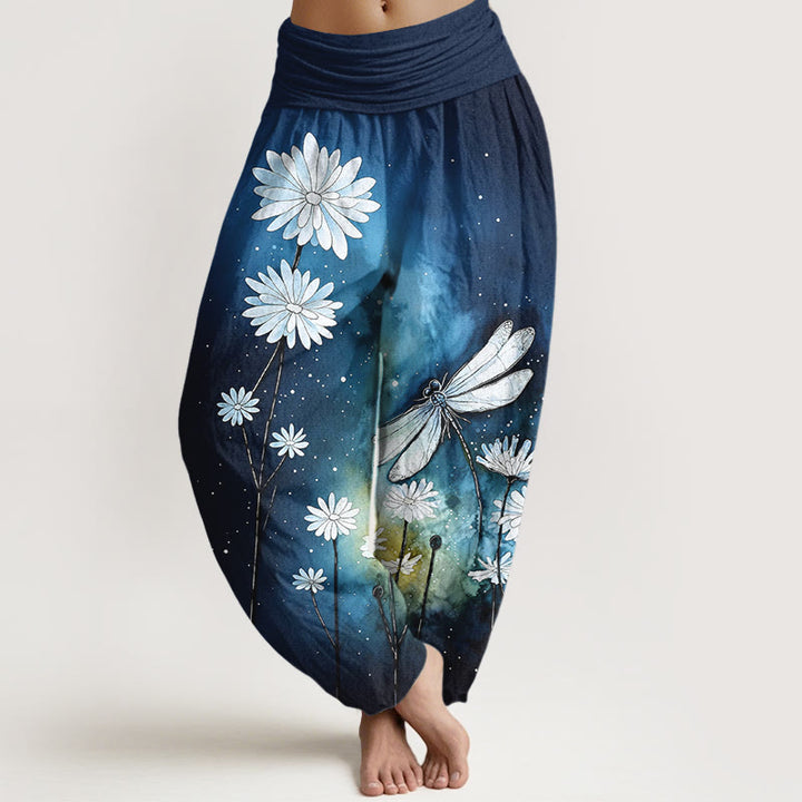 Buddha Stones Pantaloni harem da donna in cotone con elastico in vita e motivo a margherita e libellula - Blu scuro - US16, UK/AU20, EU48 (3XL) - image 0