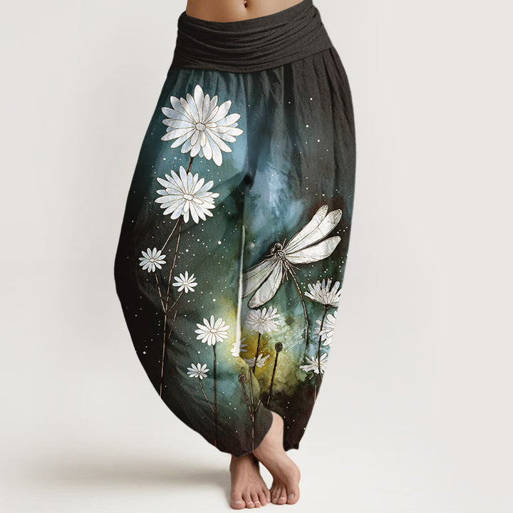 Buddha Stones Pantaloni harem da donna in cotone con elastico in vita e motivo a margherita e libellula - Nero - US16, UK/AU20, EU48 (3XL) - image 5