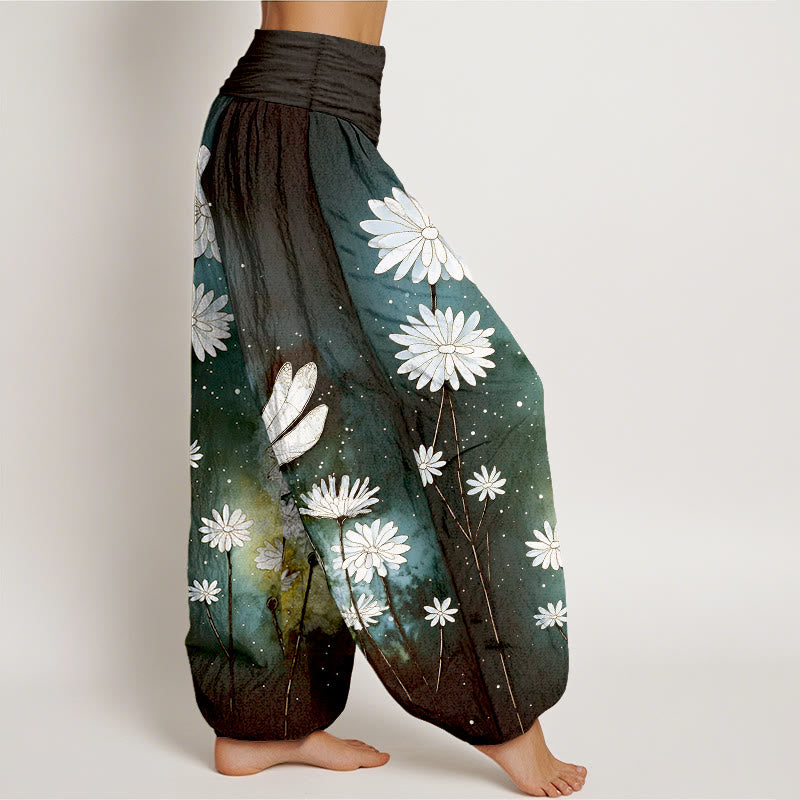Buddha Stones Pantaloni harem da donna in cotone con elastico in vita e motivo a margherita e libellula - image 7