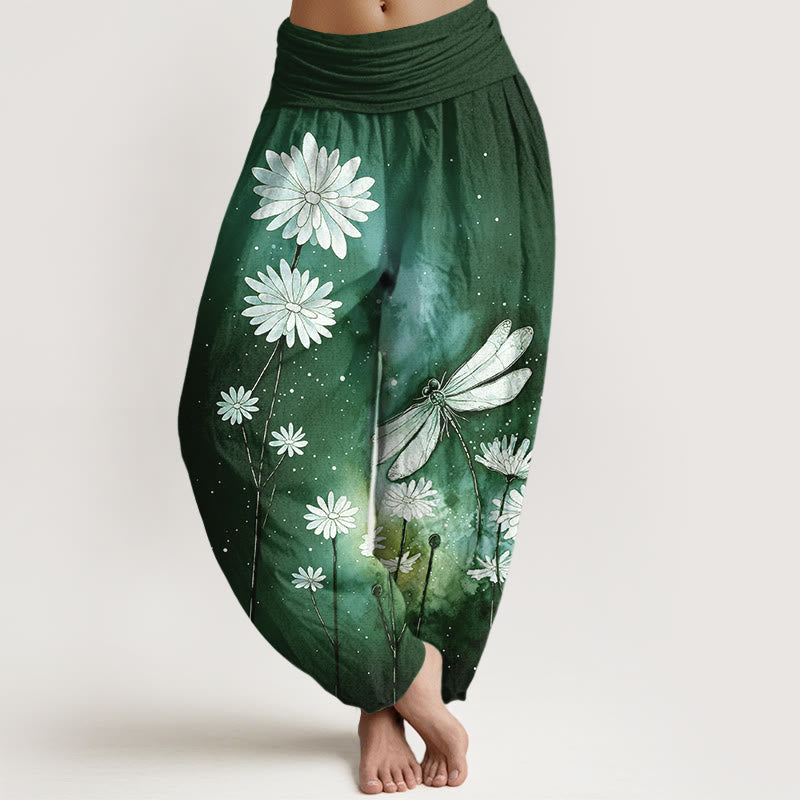 Buddha Stones Pantaloni harem da donna in cotone con elastico in vita e motivo a margherita e libellula - Verde scuro - US16, UK/AU20, EU48 (3XL) - image 8