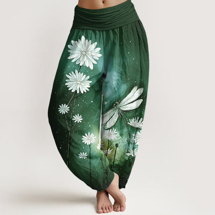 Buddha Stones Pantaloni harem da donna in cotone con elastico in vita e motivo a margherita e libellula - Verde scuro - US16, UK/AU20, EU48 (3XL) - image 8