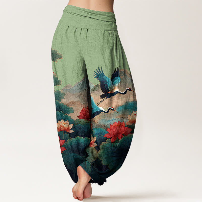 Buddha Stones Pantaloni harem da donna in cotone con elastico in vita, motivo classico con fiori di loto, foglie, gru e montagne - image 1
