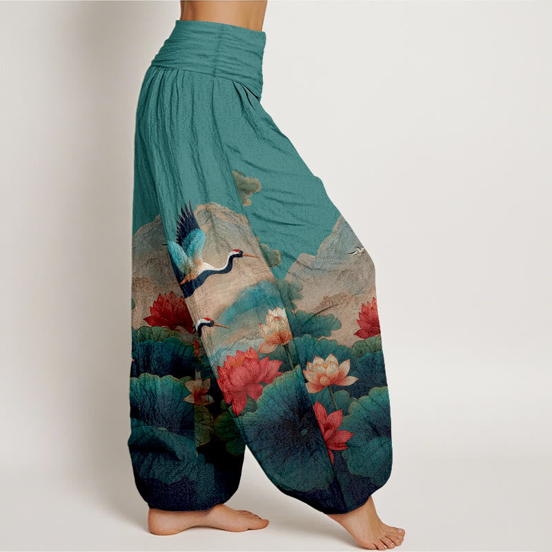 Buddha Stones Pantaloni harem da donna in cotone con elastico in vita, motivo classico con fiori di loto, foglie, gru e montagne - image 7