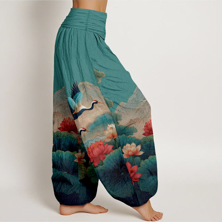 Buddha Stones Pantaloni harem da donna in cotone con elastico in vita, motivo classico con fiori di loto, foglie, gru e montagne - image 7