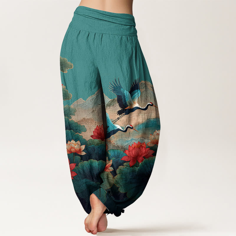 Buddha Stones Pantaloni harem da donna in cotone con elastico in vita, motivo classico con fiori di loto, foglie, gru e montagne - image 6