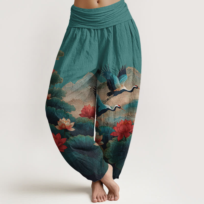Buddha Stones Pantaloni harem da donna in cotone con elastico in vita, motivo classico con fiori di loto, foglie, gru e montagne - Verde acqua - US16, UK/AU20, EU48 (3XL) - image 5