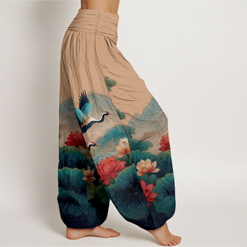 Buddha Stones Pantaloni harem da donna in cotone con elastico in vita, motivo classico con fiori di loto, foglie, gru e montagne - image 10