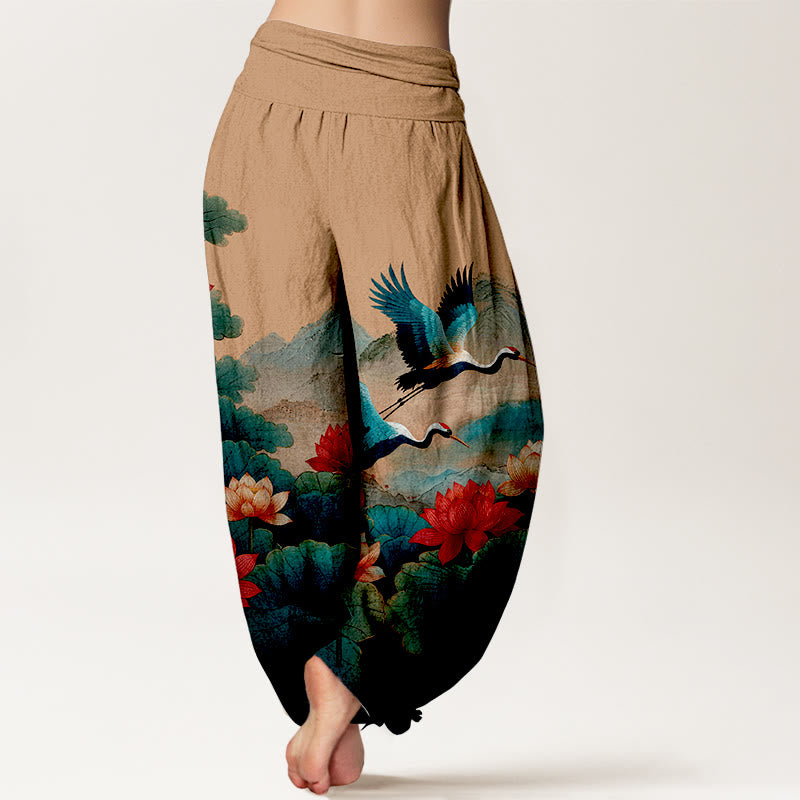 Buddha Stones Pantaloni harem da donna in cotone con elastico in vita, motivo classico con fiori di loto, foglie, gru e montagne - image 9