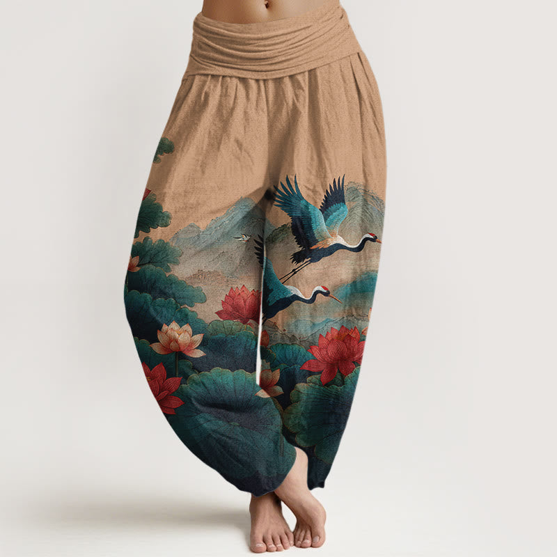 Buddha Stones Pantaloni harem da donna in cotone con elastico in vita, motivo classico con fiori di loto, foglie, gru e montagne - SandyBrown - US16, UK/AU20, EU48 (3XL) - image 8