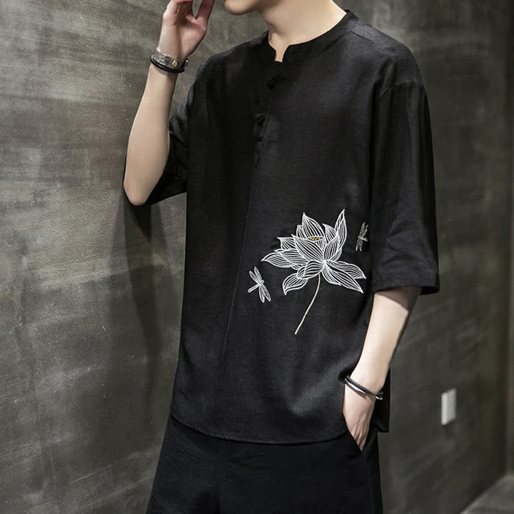 Buddha Stones Maglietta a maniche corte da uomo con bottoni cinesi a forma di rana e motivo a libellula con ricamo estivo - image 3