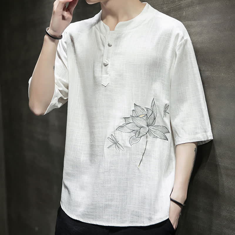 Buddha Stones Maglietta a maniche corte da uomo con bottoni cinesi a forma di rana e motivo a libellula con ricamo estivo - image 14