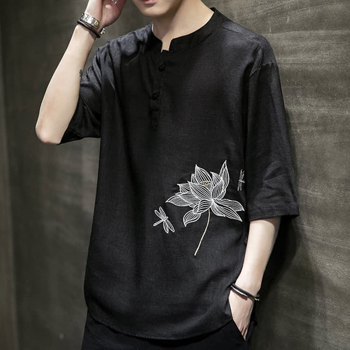 Buddha Stones Maglietta a maniche corte da uomo con bottoni cinesi a forma di rana e motivo a libellula con ricamo estivo - image 4