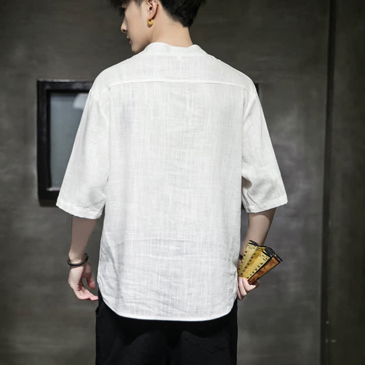 Buddha Stones Maglietta a maniche corte da uomo con bottoni cinesi a forma di rana e motivo a libellula con ricamo estivo - image 13