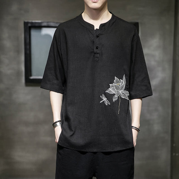 Buddha Stones Maglietta a maniche corte da uomo con bottoni cinesi a forma di rana e motivo a libellula con ricamo estivo - Nero - US/UK/AU46, EU56 (5XL) - image 0