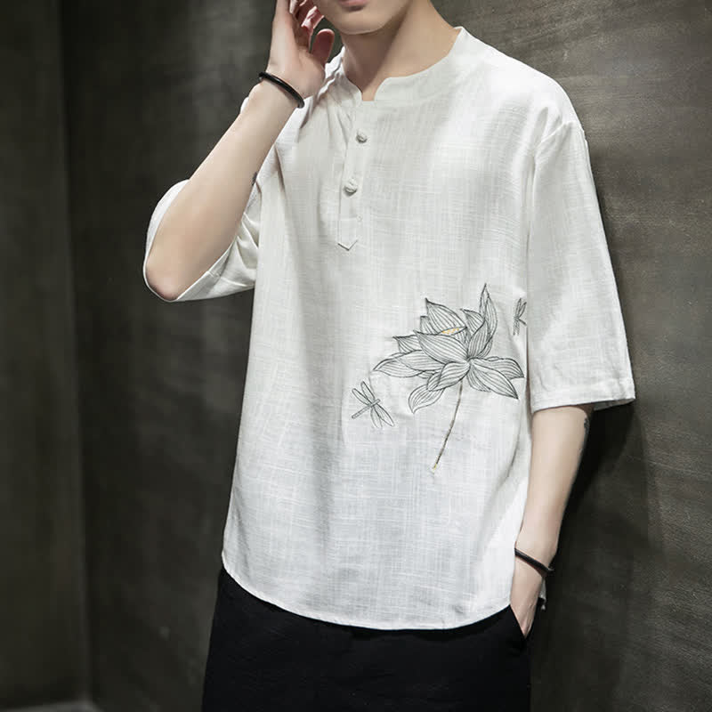 Buddha Stones Maglietta a maniche corte da uomo con bottoni cinesi a forma di rana e motivo a libellula con ricamo estivo - image 16