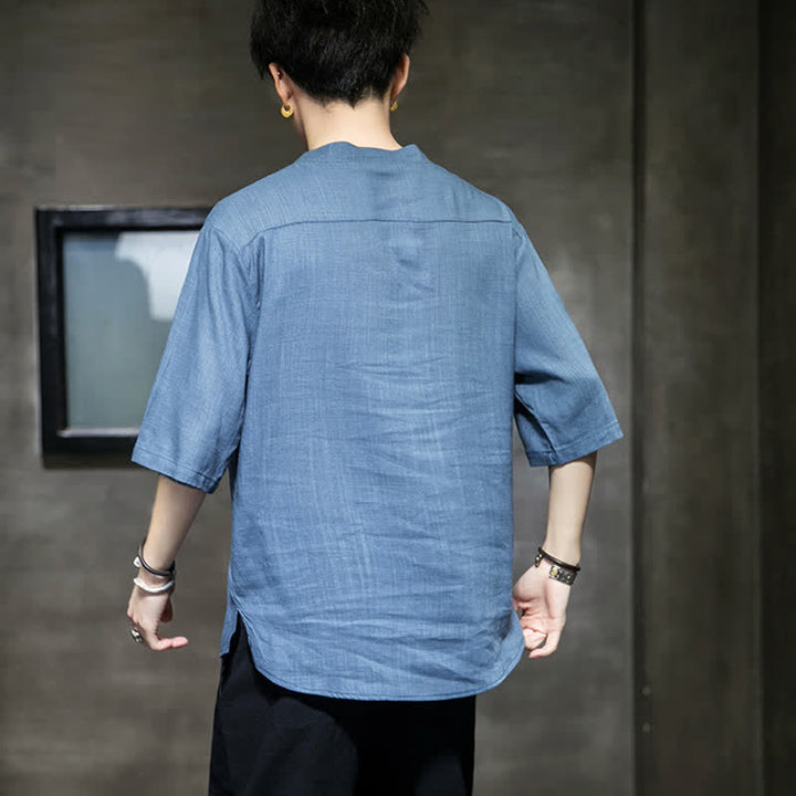 Buddha Stones Maglietta a maniche corte da uomo con bottoni cinesi a forma di rana e motivo a libellula con ricamo estivo - image 22