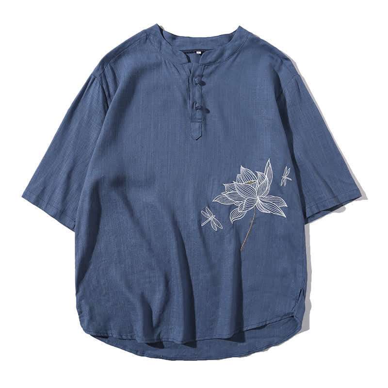 Buddha Stones Maglietta a maniche corte da uomo con bottoni cinesi a forma di rana e motivo a libellula con ricamo estivo - image 26