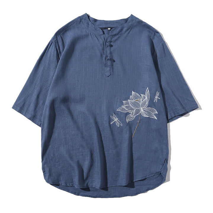 Buddha Stones Maglietta a maniche corte da uomo con bottoni cinesi a forma di rana e motivo a libellula con ricamo estivo - image 26
