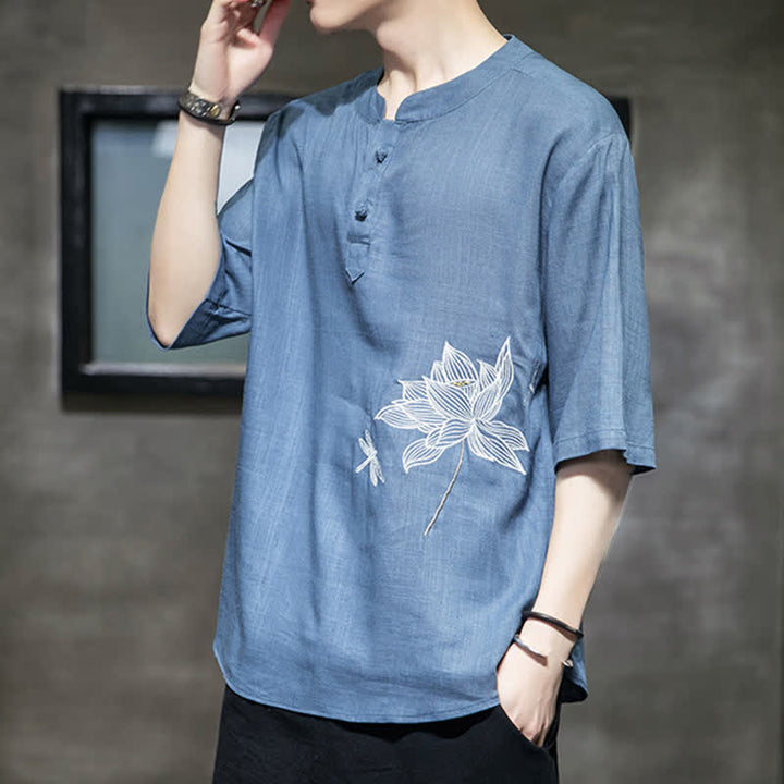 Buddha Stones Maglietta a maniche corte da uomo con bottoni cinesi a forma di rana e motivo a libellula con ricamo estivo - image 19