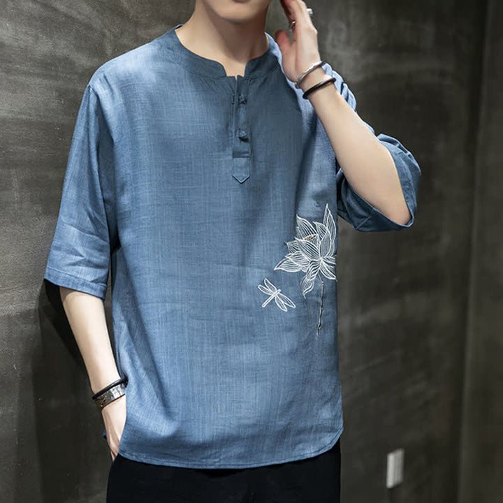 Buddha Stones Maglietta a maniche corte da uomo con bottoni cinesi a forma di rana e motivo a libellula con ricamo estivo - image 24
