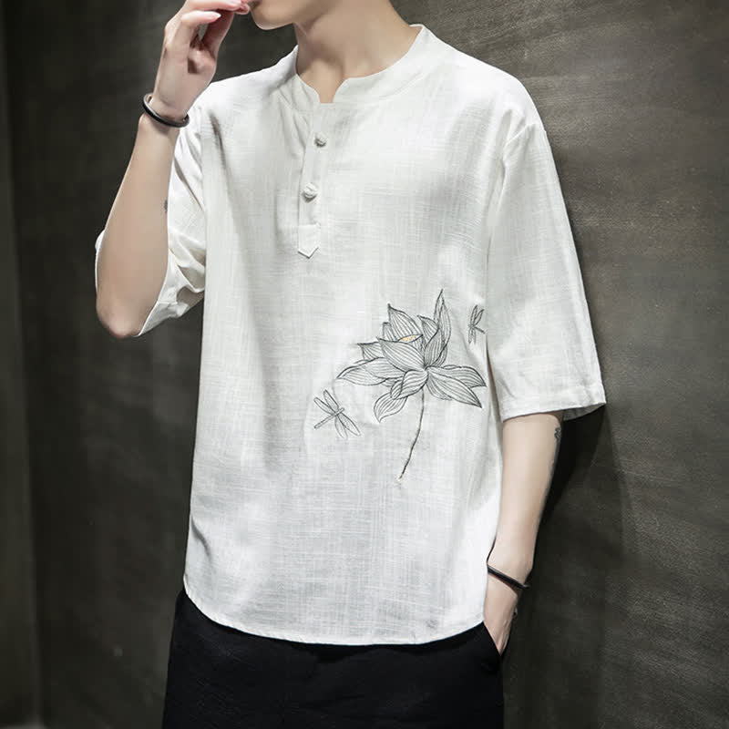 Buddha Stones Maglietta a maniche corte da uomo con bottoni cinesi a forma di rana e motivo a libellula con ricamo estivo - image 15