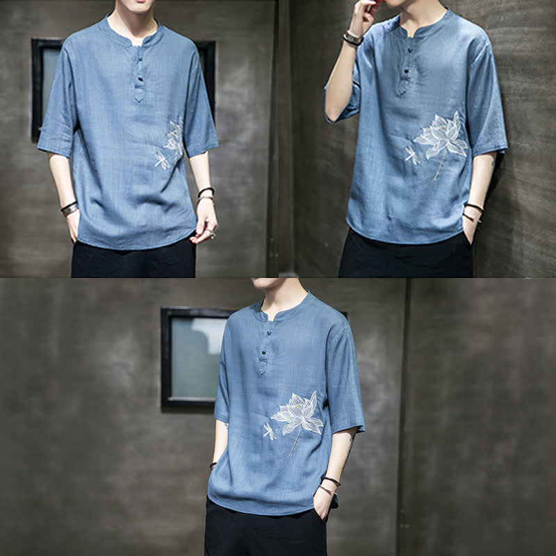 Buddha Stones Maglietta a maniche corte da uomo con bottoni cinesi a forma di rana e motivo a libellula con ricamo estivo - image 25