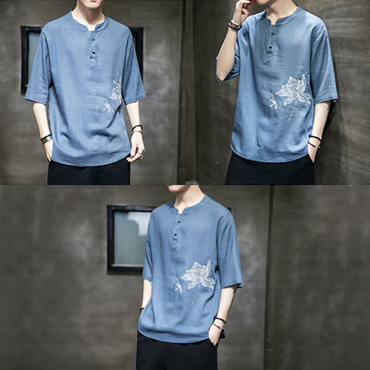 Buddha Stones Maglietta a maniche corte da uomo con bottoni cinesi a forma di rana e motivo a libellula con ricamo estivo - image 25