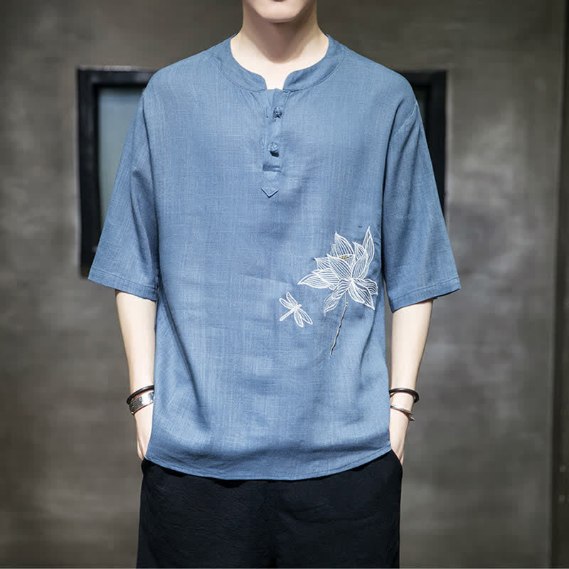 Buddha Stones Maglietta a maniche corte da uomo con bottoni cinesi a forma di rana e motivo a libellula con ricamo estivo - image 21