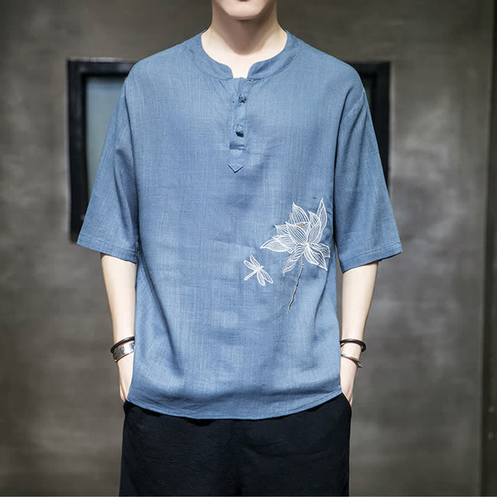 Buddha Stones Maglietta a maniche corte da uomo con bottoni cinesi a forma di rana e motivo a libellula con ricamo estivo - image 21