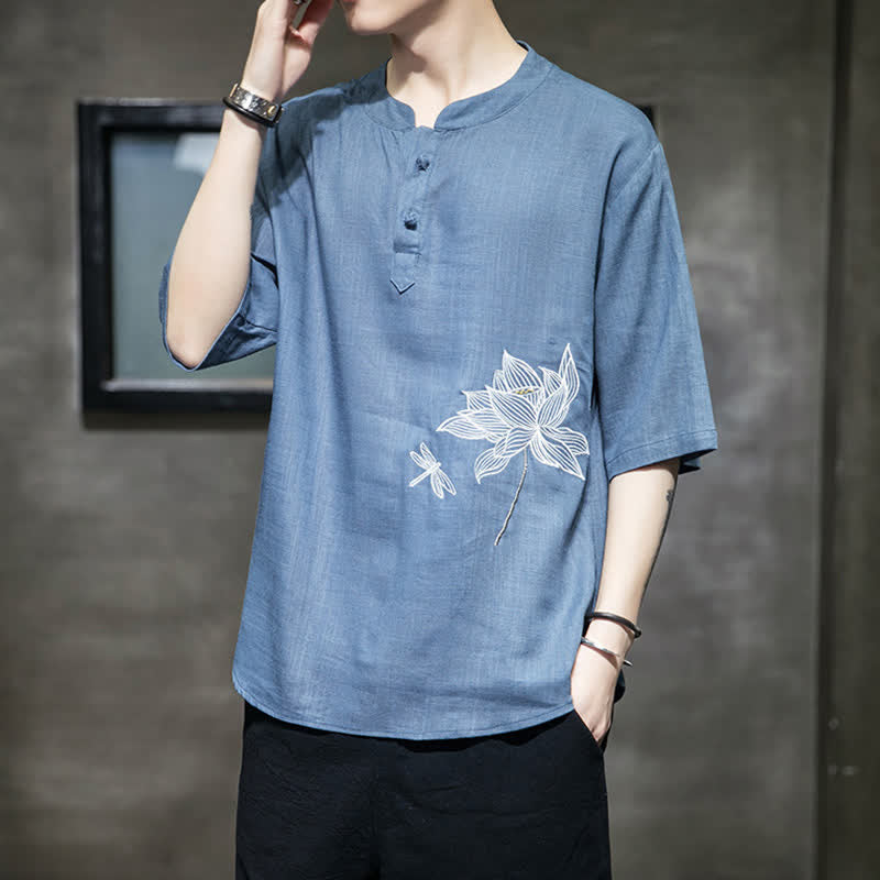 Buddha Stones Maglietta a maniche corte da uomo con bottoni cinesi a forma di rana e motivo a libellula con ricamo estivo - FiordalisoBlu - US/UK/AU46, EU56 (5XL) - image 18