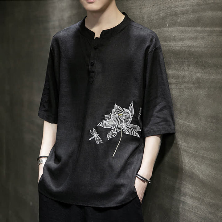 Buddha Stones Maglietta a maniche corte da uomo con bottoni cinesi a forma di rana e motivo a libellula con ricamo estivo - image 5