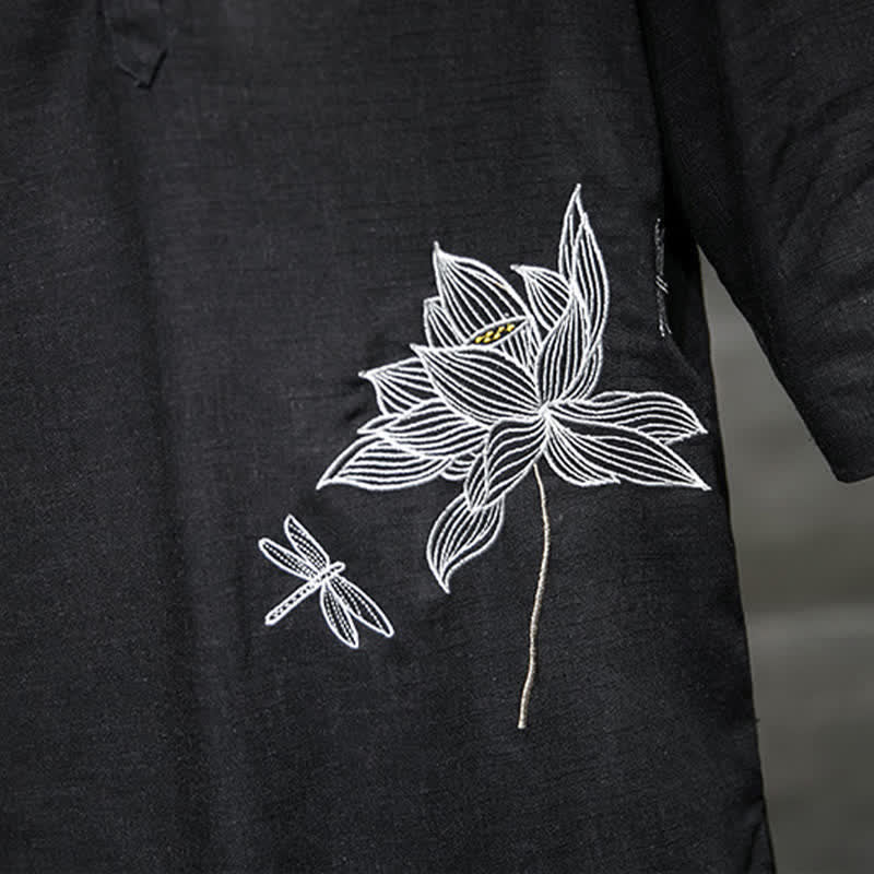 Buddha Stones Maglietta a maniche corte da uomo con bottoni cinesi a forma di rana e motivo a libellula con ricamo estivo - image 8