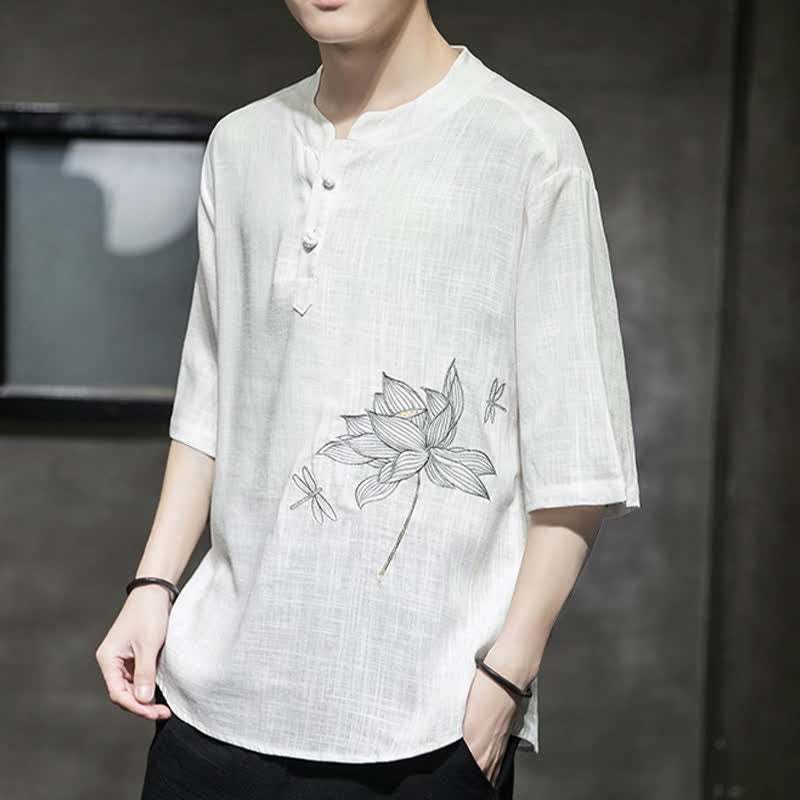 Buddha Stones Maglietta a maniche corte da uomo con bottoni cinesi a forma di rana e motivo a libellula con ricamo estivo - image 11