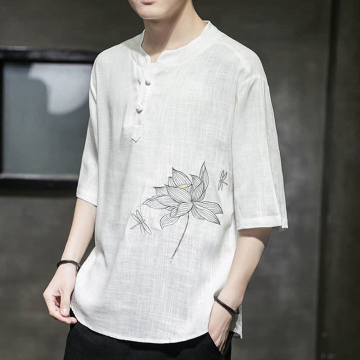 Buddha Stones Maglietta a maniche corte da uomo con bottoni cinesi a forma di rana e motivo a libellula con ricamo estivo - image 11