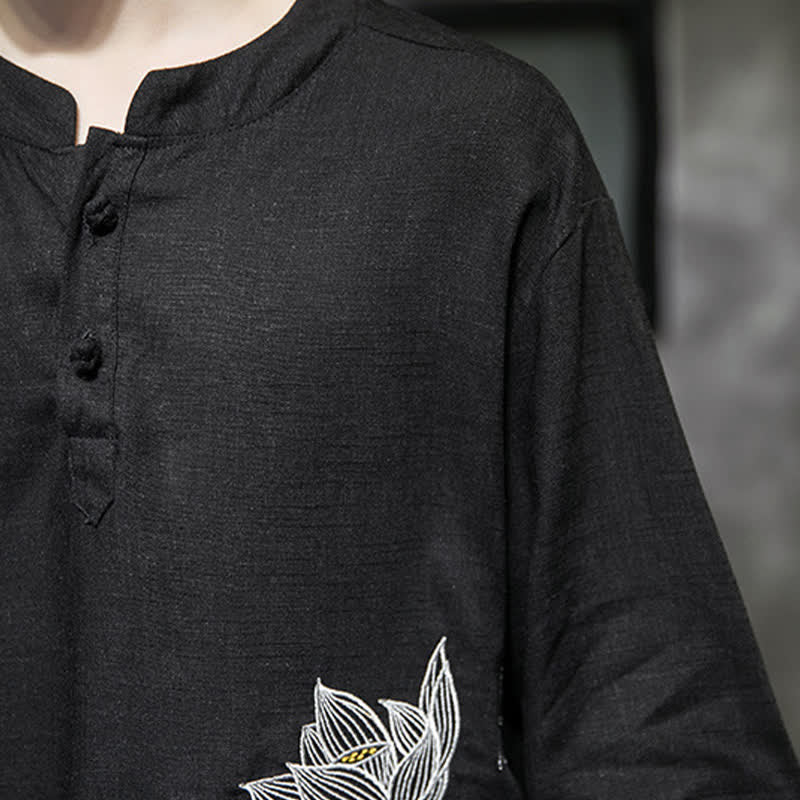 Buddha Stones Maglietta a maniche corte da uomo con bottoni cinesi a forma di rana e motivo a libellula con ricamo estivo - image 7