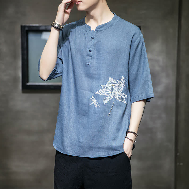 Buddha Stones Maglietta a maniche corte da uomo con bottoni cinesi a forma di rana e motivo a libellula con ricamo estivo - image 20