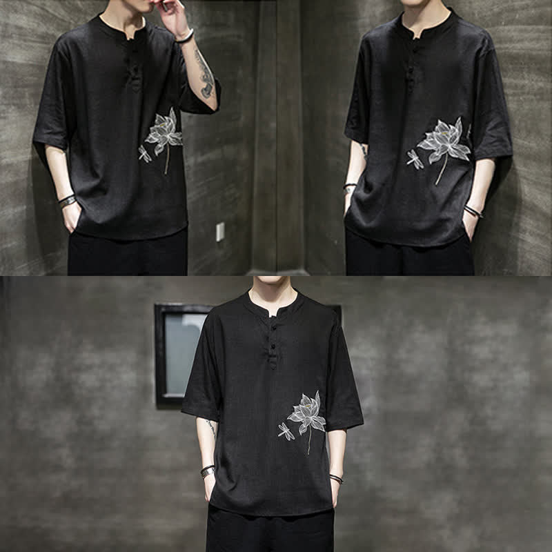 Buddha Stones Maglietta a maniche corte da uomo con bottoni cinesi a forma di rana e motivo a libellula con ricamo estivo - image 9