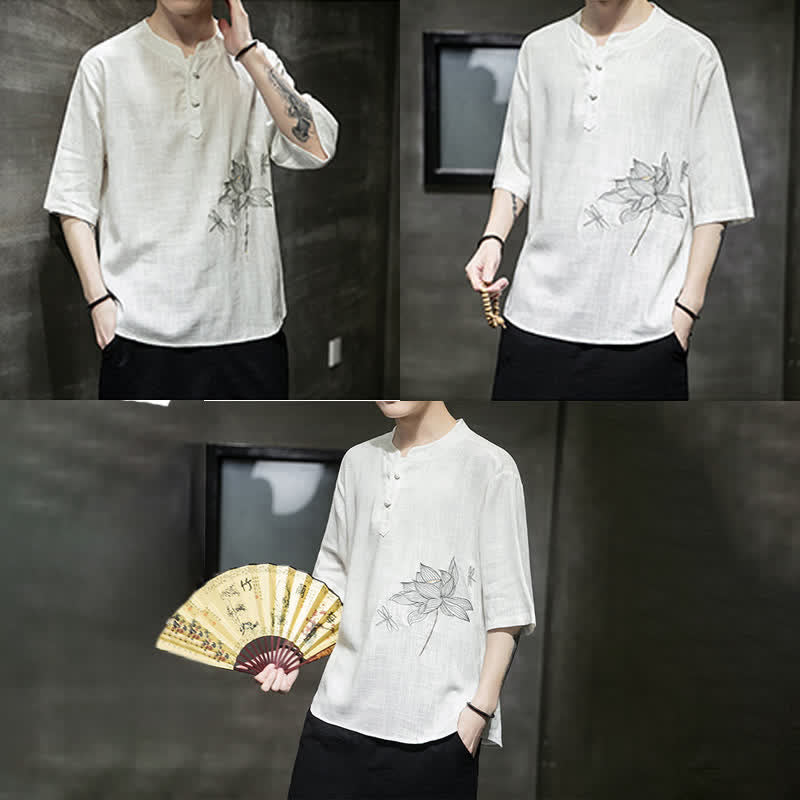 Buddha Stones Maglietta a maniche corte da uomo con bottoni cinesi a forma di rana e motivo a libellula con ricamo estivo - image 17