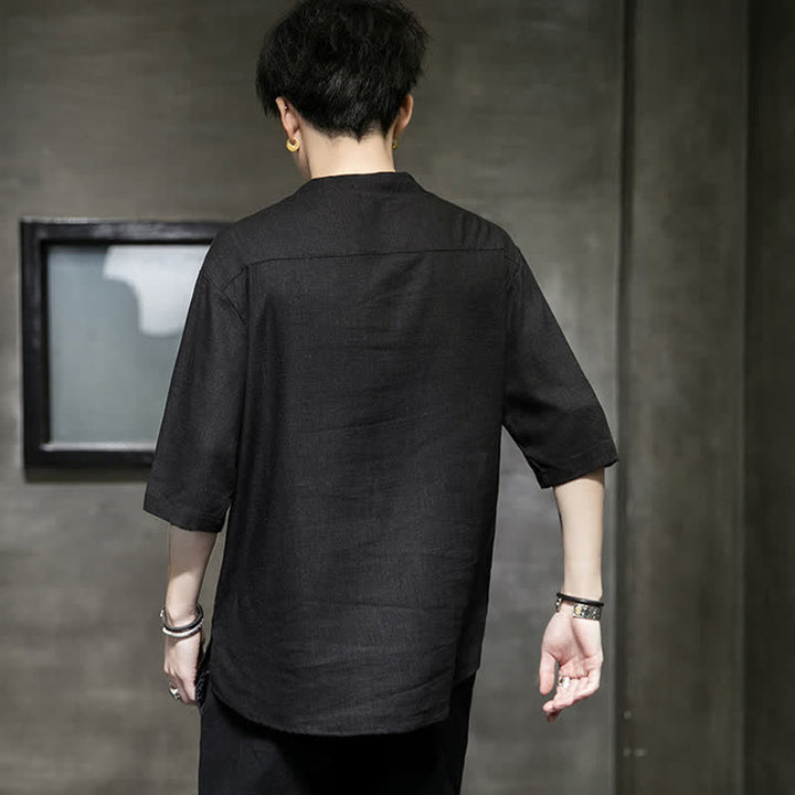 Buddha Stones Maglietta a maniche corte da uomo con bottoni cinesi a forma di rana e motivo a libellula con ricamo estivo - image 2